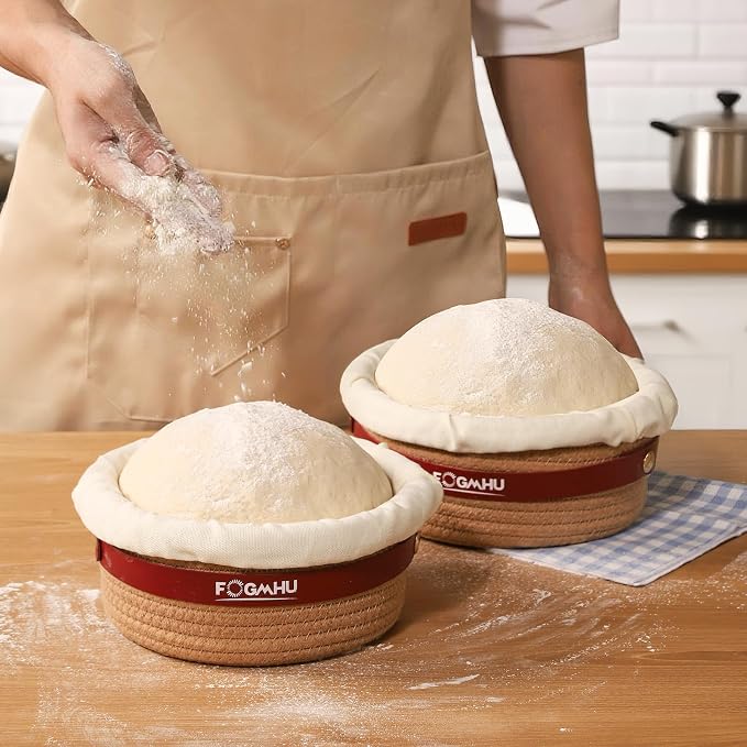 2-Pack Banneton Bread Proofing Baskets – Sourdough Starter Kit for Home Bakers, Cotton Rope Bannetons with Liners, Hanging Hooks, Dough Guide (9" Round)