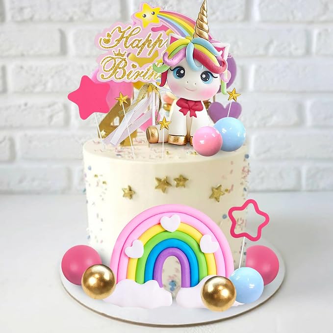 29 PCS Unicorn Cake Topper, Unicorn Rainbow Cake Decorations with Rainbow Stars Unicorn Balls Happy Birthday Cake Decorations for Boys Girls Kids Birthday Party Baby Shower Supplies (Star)