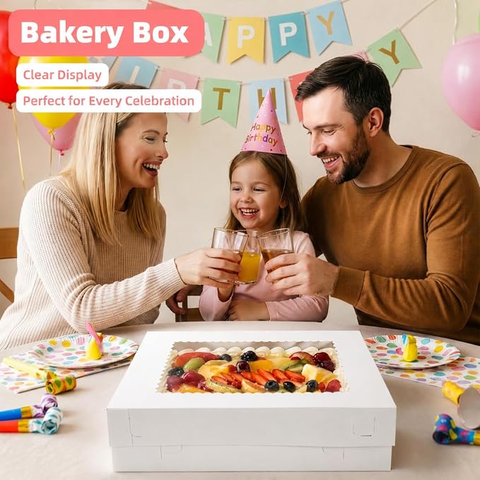 20 Pieces 16x11x4 Inch Cake Boxes, White Rectangular Sheet Cake Boxes with Window, Large Paperboard Container for Cookies Pastry Baking Donuts Cupcake Pie Packaging