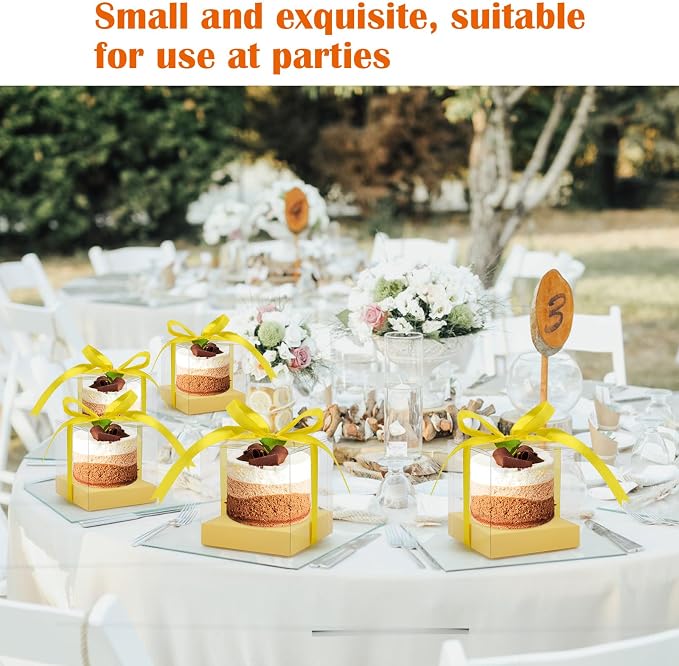 12 Pack Clear Plastic Cupcake Boxes, 3.5 Inch Gold Single Cupcake Containers Disposable Individual Cup Cake Carrier Holder Boxes with Inserts and Ribbon (Yellow)