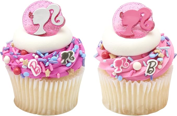 DecoPac Barbie Rings, 24 Barbie Silhouette Cupcake Decorations, Pink Glitter Cake Toppers For Birthday, Parties, Celebrations - 24 Pack