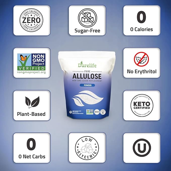 Durelife Allulose sweetener, 10 lb 100% Pure No Erythritol powdered Sugar Substitute, NON-GMO Project Verified, Keto Certified, OU kosher, No Fillers, Zero Calories sugar alternative 10 Lbs