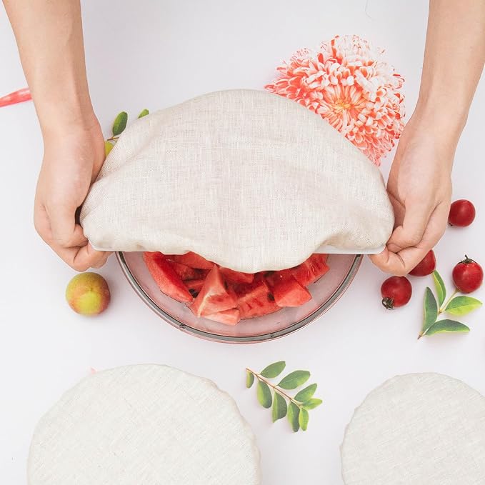 3 Pack 15CM 100% Pure Linen Bowl Covers, Elastic Organic Bowl Cover Lids, 100% Natural Organic Linen,Unbleached,Perfect for Soup Bowls, and Cereal Bowls