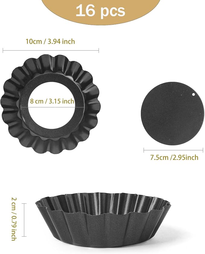 16 Pcs 4 Inch Tart Pans with Removable Bottom, Nonstick Mini Quiche Pan Fluted Sided, Round Tart Pans Carbon Steel for Baking, Fruit Tart, Pies (Dark Gray)