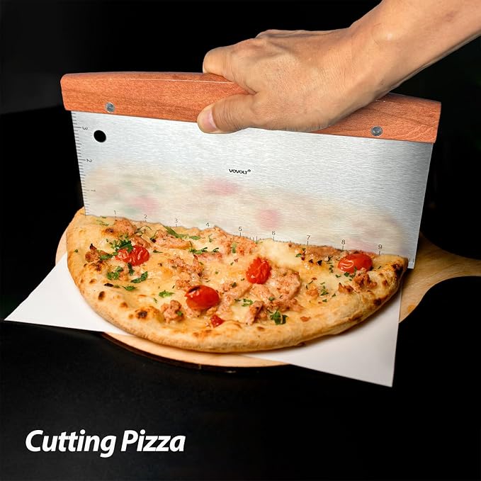 Vovoly Large Bench Scraper Kitchen Utensil, 10" Long Dough Scraper Cutter for Bread and Pizza - Stainless Steel Metal Griddle Scraper Chopper