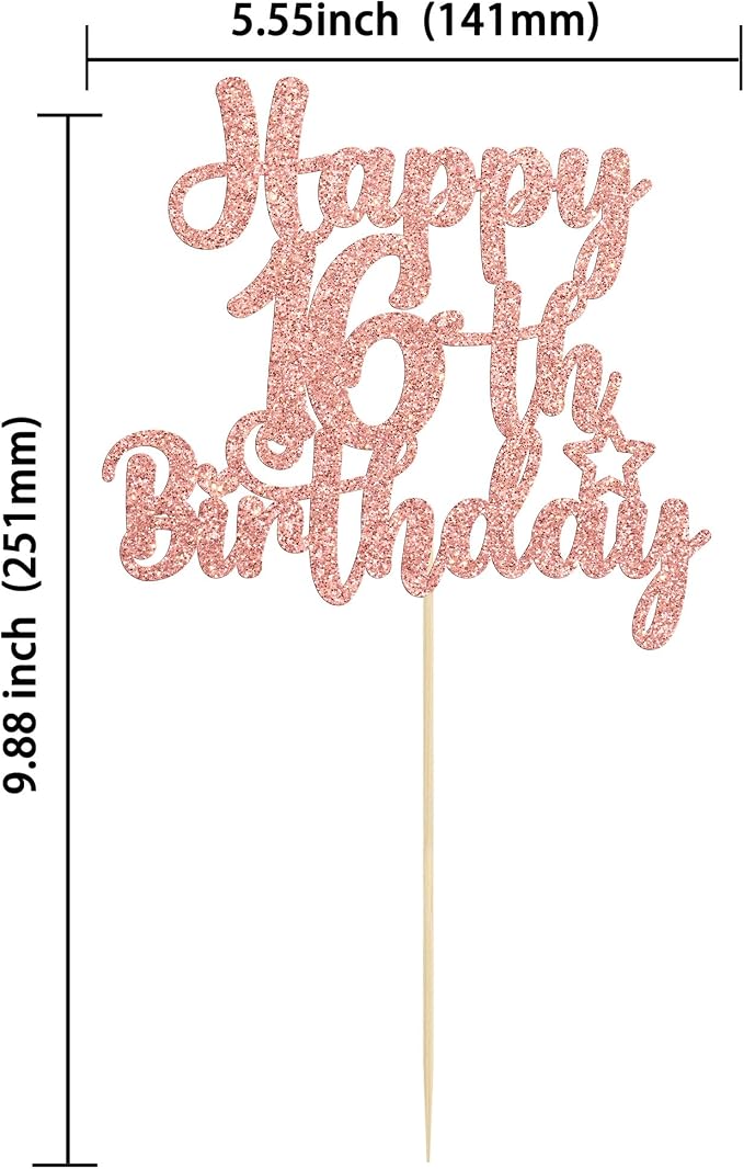 Gyufise 1Pc Happy 16th Birthday Cake Topper Rose Gold Glitter 16 & Fabulous Sweet 16 Birthday Cake Pick for Celebrating 16th Birthday Anniversary Party Cake Decorations Supplies