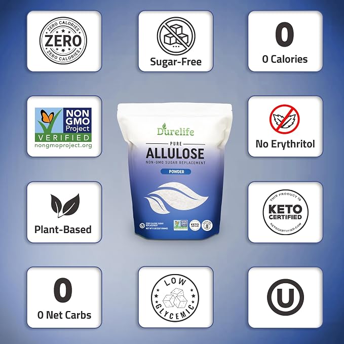 Durelife Allulose sweetener, 3 lb 100% Pure No Erythritol powdered Sugar Substitute, NON-GMO Project Verified, Keto Certified, OU kosher, No Fillers, Zero Calories sugar alternative 3 Lbs