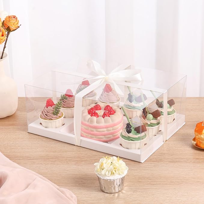 3Pcs Bento Cake Box and Cupcake 1+8 Combination Clear Window Bento Boxes, 6 Holes Bento Vake Box Suitable for 8 Regular Cupcakes and Mini Cakes