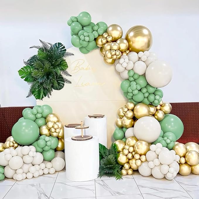 Green White Gold Balloon Garland Arch Kit, 160Pcs Latex Balloons Different Size Balloons 18 12 10 5 inch for Birthday Baby Shower Wedding Bridal Shower Party Decorations