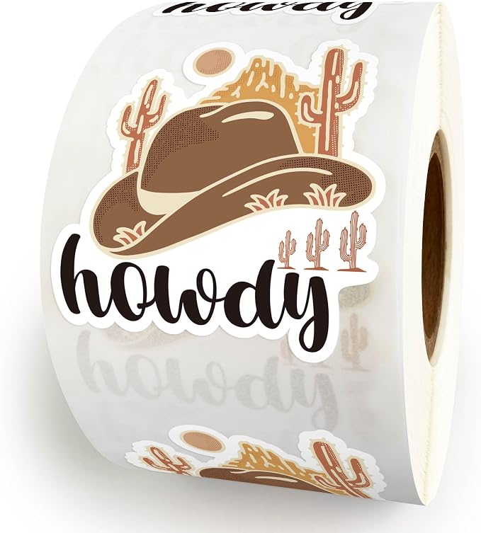 500pcs Howdy Cowboy Hat Sticker Roll, Western Party Stuff, Wild Life Cowgirl, Happy Mail, Thank You - Western Theme