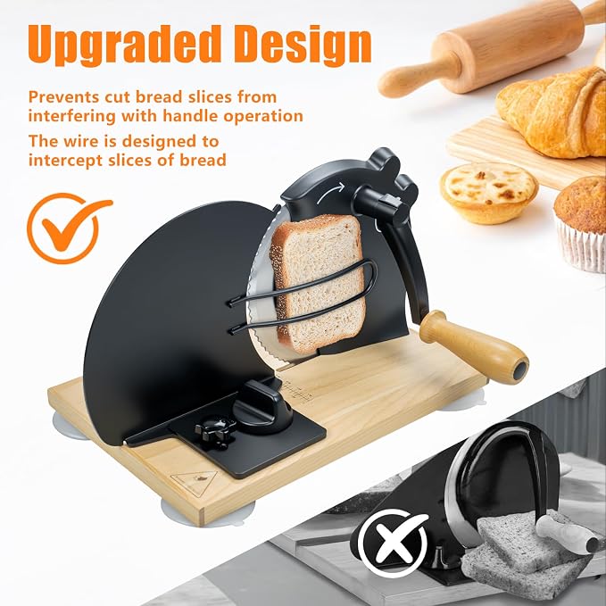Manual Bread Slicer for Homemade Sourdough Bread with Strong Suction Base | 0-0.75" Adjustable Thickness, 402 Stainless Steel Blade, Beech Wood Base, Homemade Bread Toast Bagel Cutter