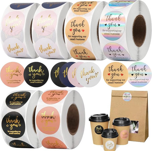 Thank You Stickers Small Business - 6 Rolls 3000 Pieces Thank You for Supporting My Small Business Stickers Labels for Envelopes, Bubble Mailers and Gift Bags Packaging, 1 Inch，500 Pieces Each Roll