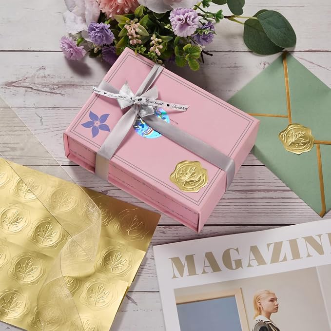 300 Pieces Embossed Gold Foil Stickers, Gold Maple Leaves | For Envelopes, Wedding Invitations, Christmas Greeting Cards
