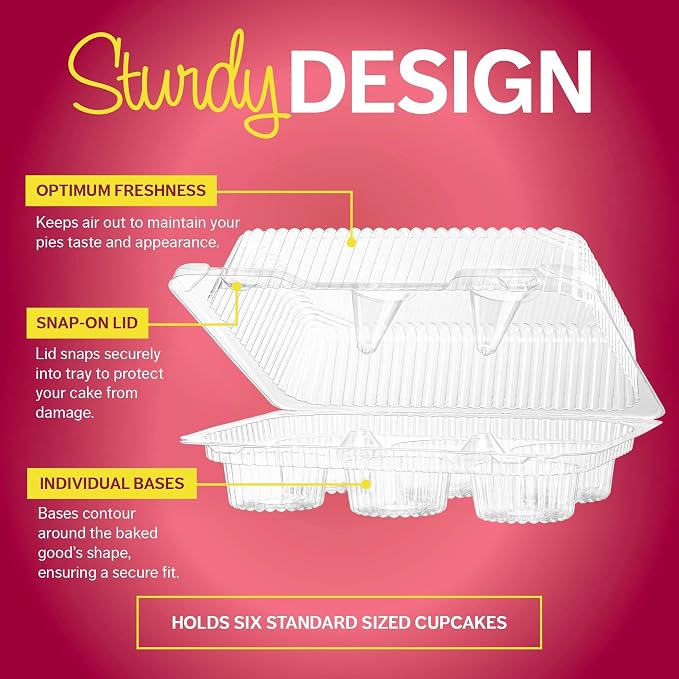 Plastic Cupcake Containers Boxes | 6 Compartment – 55 Pack | Disposable High Dome Dozen Cupcake Holder With Lid Bulk | Extra Sturdy Stackable Cupcake Boxes | Durable Muffin Packaging Transporter To Go