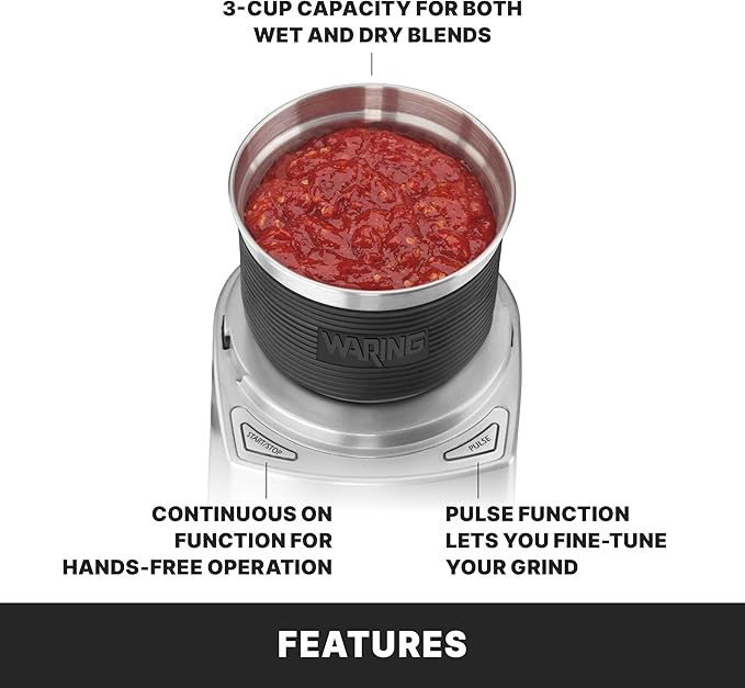 Waring Commercial Electric Spice Grinder, 3-Cup Capacity, Stainless Steel Blades, Dry & Wet, Spices, Pastes, Sauces, Whipped Cream, Herb blends, WSG60
