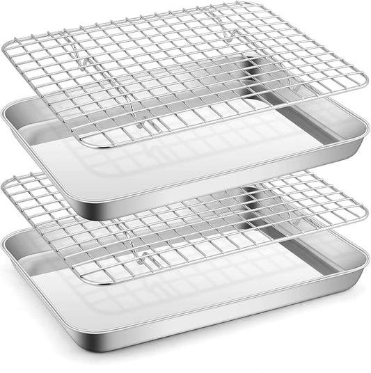 Small Stainless Steel Baking Sheet with Rack Set, E-far 9.4”x7.3” Cookie Sheet Broiling Pan for Toaster Oven, Rimmed Metal Tray with Wire Rack for Cooking/Baking/Cooling, Non-toxic & Dishwasher Safe