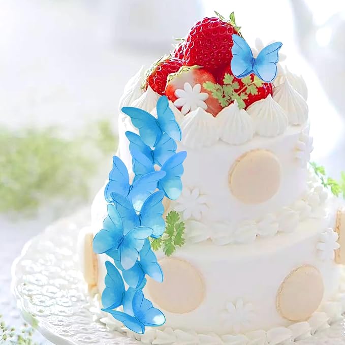 52 pcs edible wafer paper butterfly cake decoration, Cupcake topper multicolor butterfly decorative paper suitable for weddings birthdays Christmas cocktails (Watercolor blue)