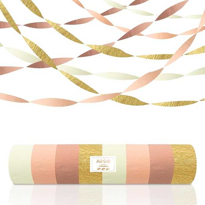 AOYOO Rose Gold Pink Streamers - 6 Rolls Metallic Gold & Blush Crepe Paper Streamer Decorations for Birthday, Wedding, Bridal Shower, Baby Shower, Bachelorette - Elegant Boho Hanging Backdrop Decor