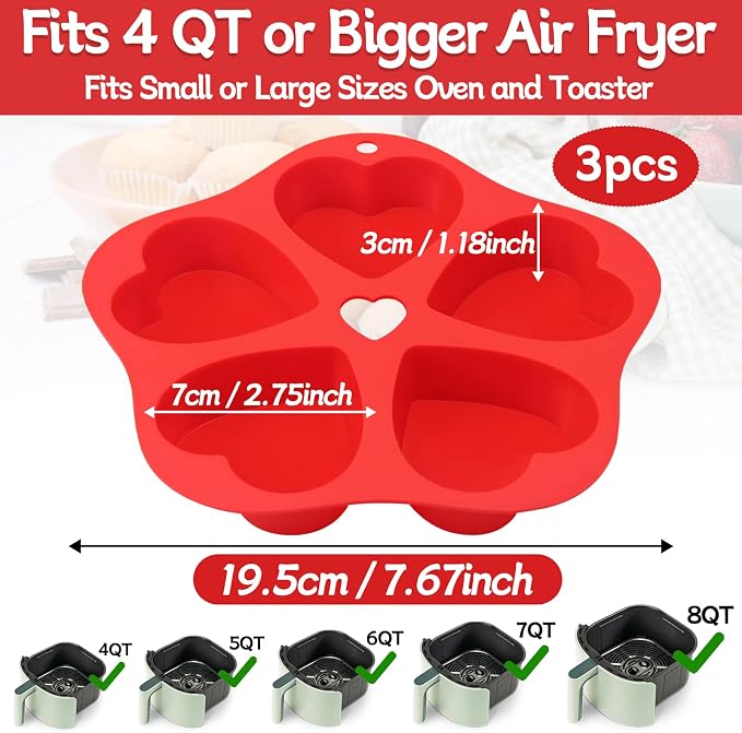 3 Pieces Silicone Air Fryer Muffin Pan Egg Bite Heart Mold for Oven Baking,Mini Muffin Tins Cups Cake Tray for Air Fryer Liners Basket Instant Pot Accessories Baking Muffin Cakes Pancake