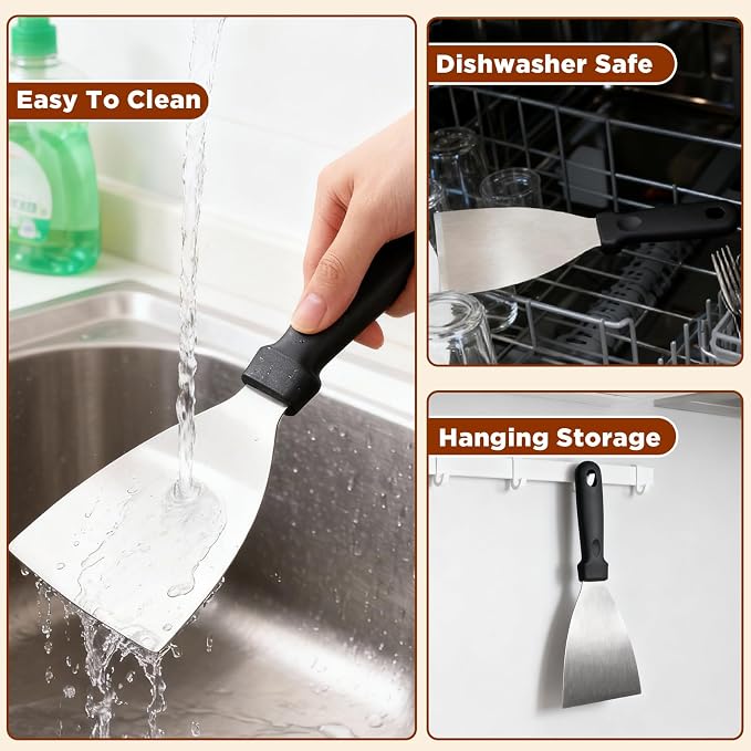 Griddle Scraper，Stainless Steel Grill Scraper,Slant Edge Metal Spatula for Teppanyaki Flat Top BBQ,Grill Cooking,Frying Steak Pork Chop Chicken Chop,Dishwasher Safe