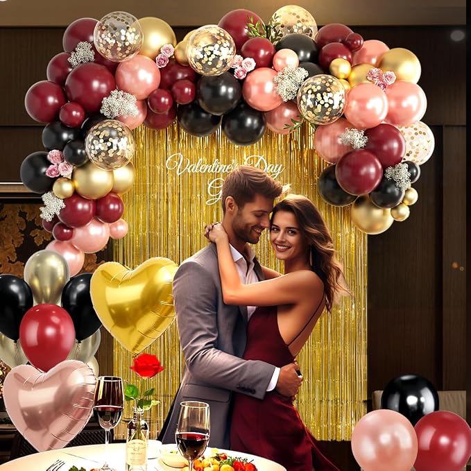 157PCS Burgundy Gold Black and Rose Pink Balloons Arch Garland Kit with Gold Fringe Curtain for Women Girls Birthday Bridal Shower Wedding Valentine's Day Party Decorations