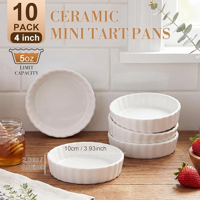 Hushee 10 Pack 5 Oz Creme Brulee Ramekins, Ceramic Brulee Souffles Dishes, Wave Round Pie Pan Mini Fluted Quiche Dishes for Dessert, Pie, Tart, Oven Microwave Dishwasher Safe, White