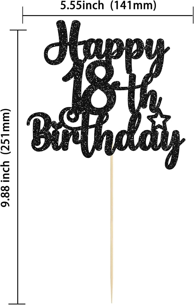 Gyufise 1Pc Happy 18th Birthday Cake Topper Glitter 18 & Fabulous Cheers to 18 Years Old Birthday Cake Pick for Celebrating 18th Birthday Party Cake Decorations Supplies Black