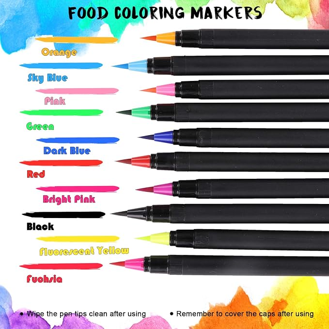 Food Coloring Marker Pens, 10Pcs Food Grade Edible Markers Food Writers for Decorating Fondant, Cakes, Cookies, Easter Eggs Painting Drawing Writing - Flexible Brush Tip, 10 Colors
