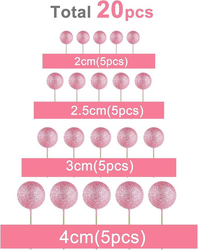 ASTARON 20 Pcs Mini Balloons Cake Topper Sticks Pink Glitter Balls Cake Picks for Wedding & Birthday