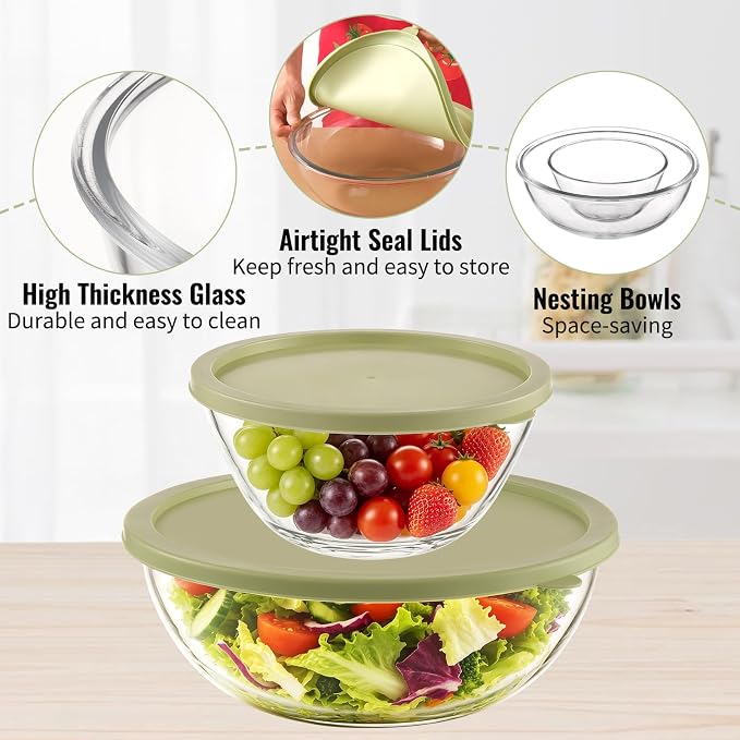 Glass Mixing Bowls with Lids, 2-Piece Large 7QT & 2.4QT Clear Glass Dough Proofing Container, Baking Mixing Bowl for Sourdough, Salad, and Kitchen Prep – Dishwasher Safe
