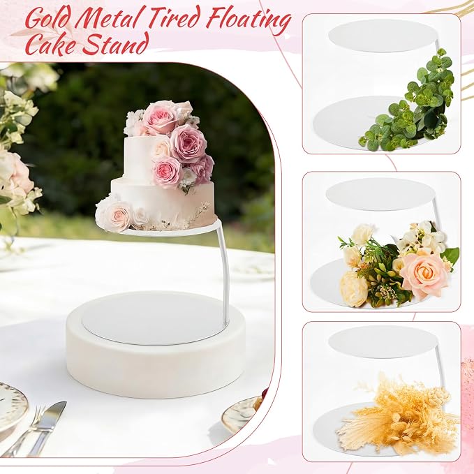 LemonRoad 6''+8'' White Floating Cake Stand 2 Tier Metal Wedding Cake Stand Spacer Separator Round Decorative Dessert Display Riser Pastry Holder for Birthday Anniversary Party Centerpiece (Classic)