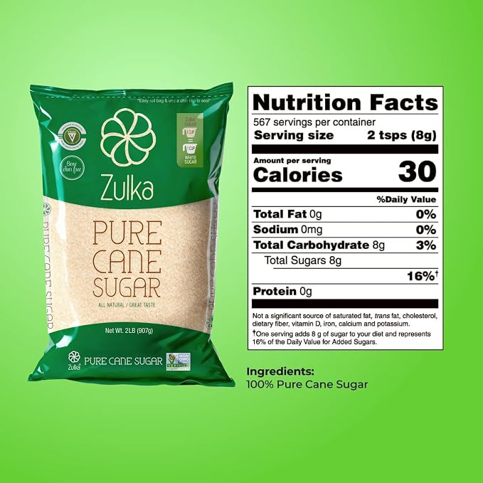 Zulka Pure Cane Sugar, 2 Lb - All-Natural, Non-GMO, Certified Vegan, Bone-Char Free & Kosher Pareve