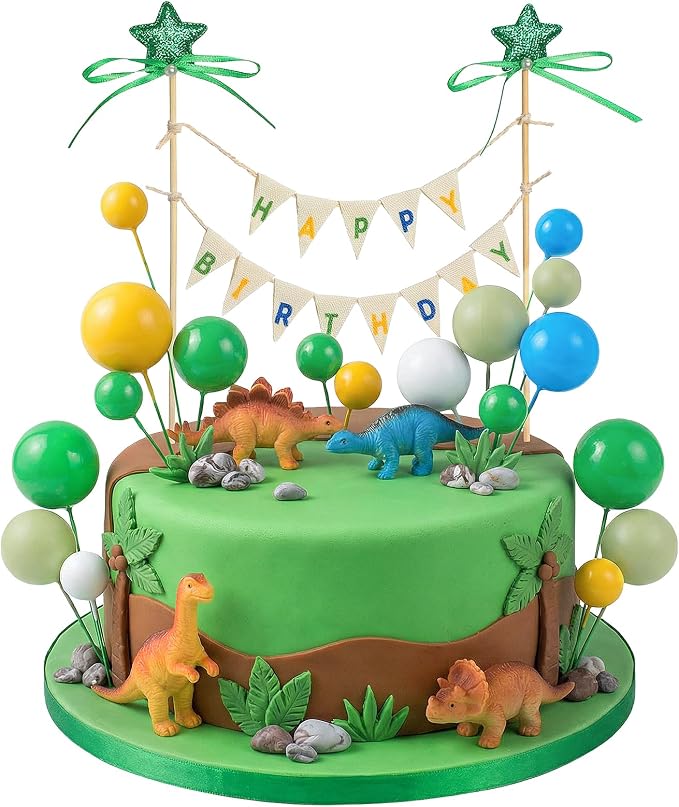 31 Pcs Happy Birthday Cake Topper Cake Bunting Topper Banner with Wood Pole Rainbow Garland with Bow Ribbon Balloon, Mini Cupcake Decor for Birthday Baby Shower (Green Dragon)