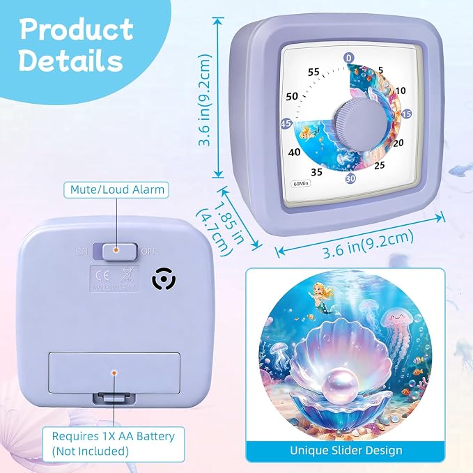 Kids Visual Timer 60 Minute – Countdown Clock for Homework, Kitchen Timer for Cooking, Silent Mini Timer with Cute Mermaid Shell Pattern, Gift Timers for Kids Focus & Daily Routines, Purple