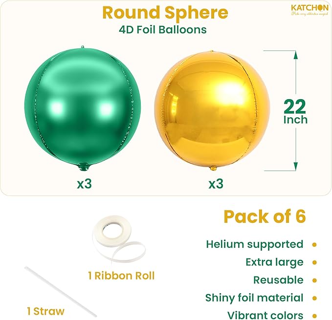 KatchOn, Green and Gold Foil Balloons – 22 Inch, Pack of 6 | Gold Mylar Balloons for St. Patricks Day Decorations | Graduation, Mardi Gras, Fiesta Party Football, Jungle, Safari Party Decorations