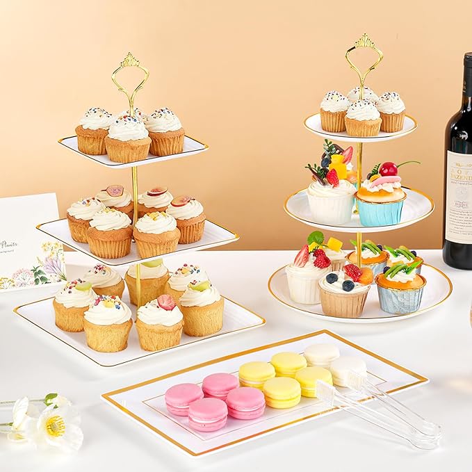 Lzerking 13pcs Dessert Table Display Set, 6 3-Tiered Cupcake Stands (3round & 3square) with 4 Trays & 3 Tongs, White Gold Plastic for Wedding, Tea Party, Baby Shower Decor, Birthday Party Decoration
