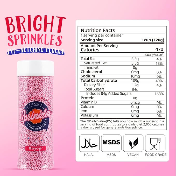 Dye Free Pink Jimmies Sprinkles 4.2 oz - Natural Pink Sprinkles for Cake Decorating, Cupcake Topper, Cookie & Ice Cream Baking Supplies - No Artificial Colors - Pink Jimmies for Birthdays Baby Shower