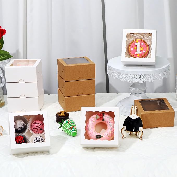 RomanticBaking 40 Pack Bakery Boxes 4x4x2 Inches Cookies Boxes Mini Bundt Cake Boxes Pie Boxes Cinnamon Roll Treat Boxes Chocolate Truffle Boxes Party Wedding Favor