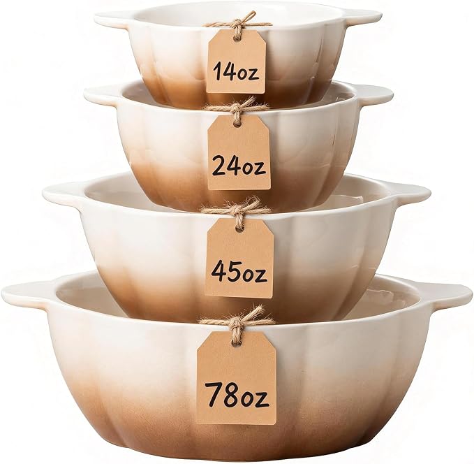Ceramic Soup Bowls with Handle, Large Serving Bowls Set of 4, 14/24/45/78 oz Food Storage Bowls Containers for Cooking, Baking, Salad, Ramen Bowls Oven Safe, Brown
