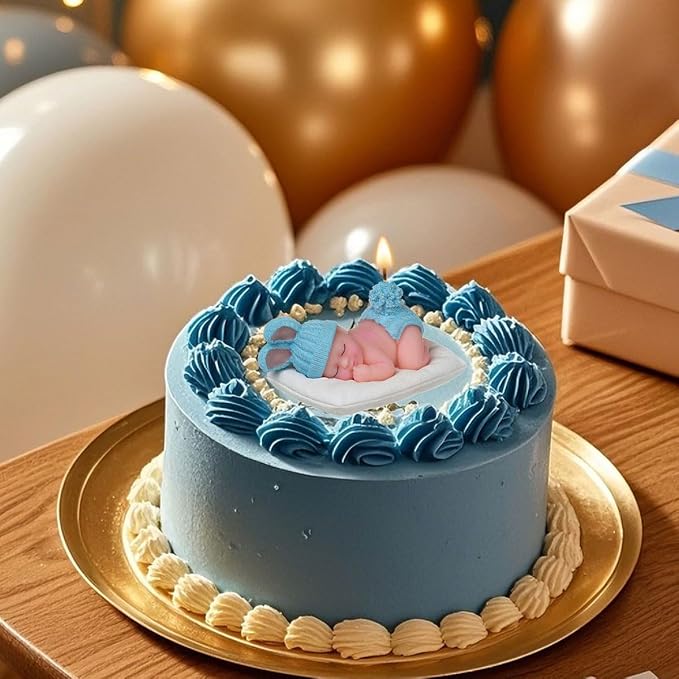Blue Baby Shower Cake Topper Boy – Baby Shower Cake Decorations, Adorable Sleeping Baby Candles, Gender Reveal Return Gifts Party Supplies (Blue)