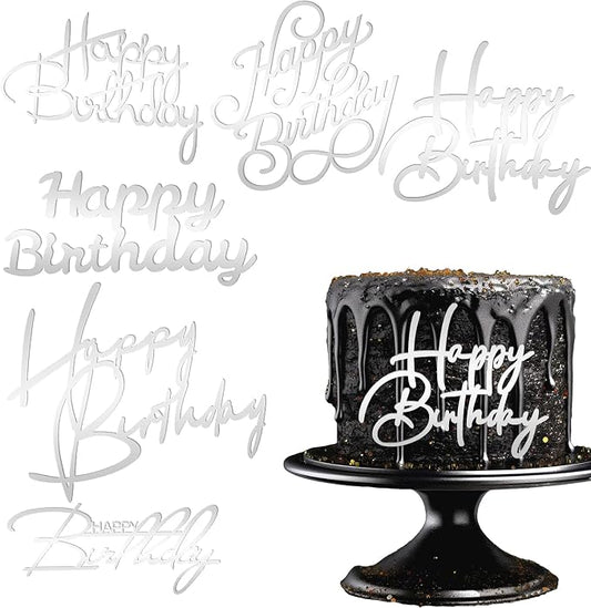 6 PCS Happy Birthday Side Cake Toppers Black Mirror Side Cake Toppers DIY Acrylic Glitter Cake Inserts Celebration Birthday Party Event Cupcake Decorations(Silver)（Need to remove the protective film）