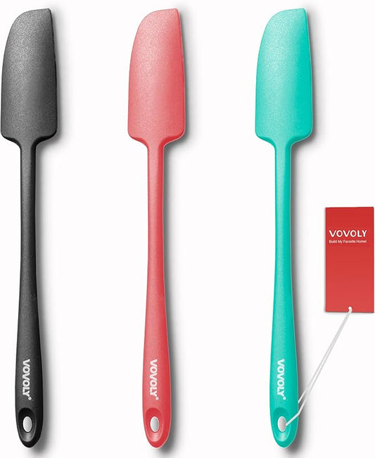 3-Pack Silicone Jar Spatulas, Vovoly Small Seamless Design Rubber Scraper with Stainless Steel Core, Heat Resistant and Non-Stick Mini Spatula for Jars and Blenders, BPA Free,11 IN, Assorted color
