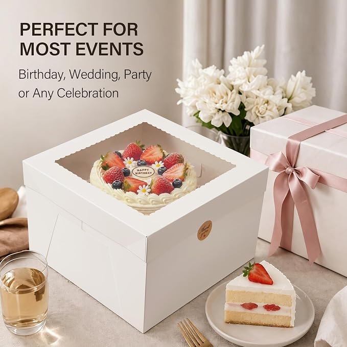 Kootek 4pcs Cake Boxes, 12x12x8 Inches Tall Cake Box with Window, White Bakery Boxes, Large Baking Boxes, Square Cardboard Cake Box for Multi-Layer Cakes, Cake Decorating Supplies for Gift Giving