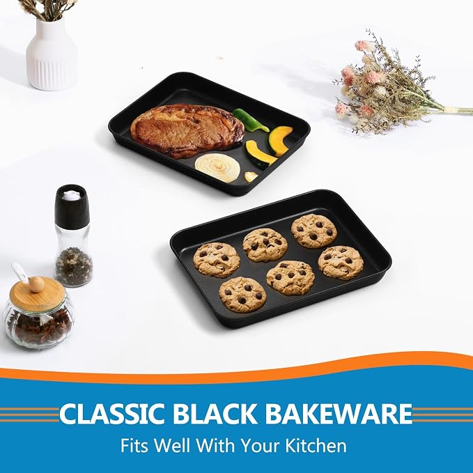 P&P CHEF 9 Inch Baking Cookie Sheet Pan, Carbon Steel Oven Tray, Non Stick Bakeware for Cooking Baking Bread Meat Vegetables, Sturdy & Healthy, Easy Clean, 2Pcs