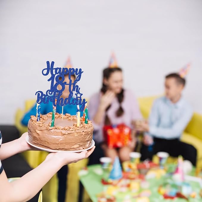 Gyufise 1Pc Happy 18th Birthday Cake Topper Glitter 18 & Fabulous Cheers to 18 Years Old Birthday Cake Pick for Celebrating 18th Birthday Party Cake Decorations Supplies Blue