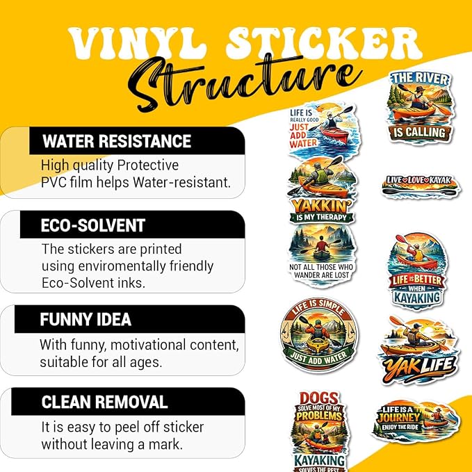 10pcs Kayaking Stickers Gifts for Kayakers Water Sports Lovers Multiple Different Design, Waterproof UV-Resistant for Water Bottle, Laptop, Window, Car