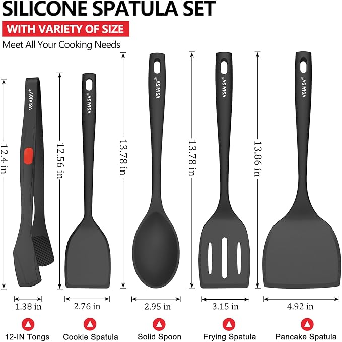 5 Pack Silicone Kitchen Cooking Utensils Set - Spatula, Turner, Tongs & Spoons for Nonstick Cookware, 600°F Heat Resistant, Non Toxic, Dishwasher Safe