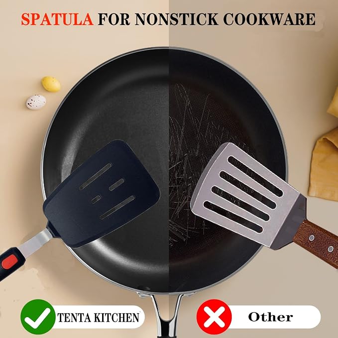 Silicone Spatula Set of 2 for Nonstick Cookware,Tenta Tenta Kitchen Slotted Angle Round Pancake Spatulas 600°F Heat Resistant Classic Rubber Spatula Set For Cooking-Grey/Black