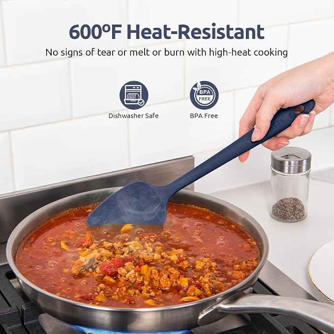 U-Taste Flat Spatula & Spoon Spatula: 11.38in 600ºF Heat Resistant Silicone Bowl Scraper, Flexible Rubber Kitchen Cooking Mixing Utensil with Upgraded Non-Stick Surface (Set of 2, Midnight Blue)