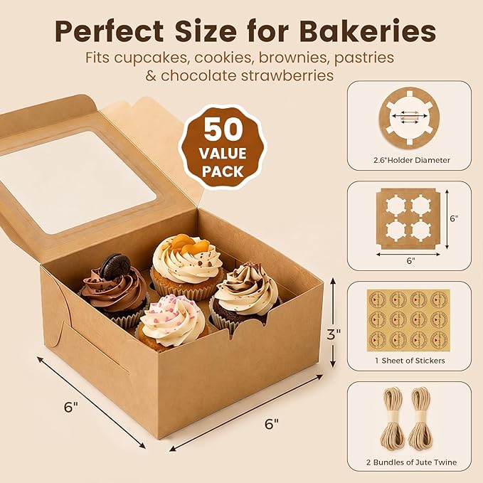 OAMCEG 50 PCS Cupcake Boxes with Window, 6x6x3 Inch Cookie Boxes, Bakery Treat Boxes for Pastry, Dessert, Chocolate Strawberries, Cupcake Containers, Gift Giving with Stickers & Twine （Brown）
